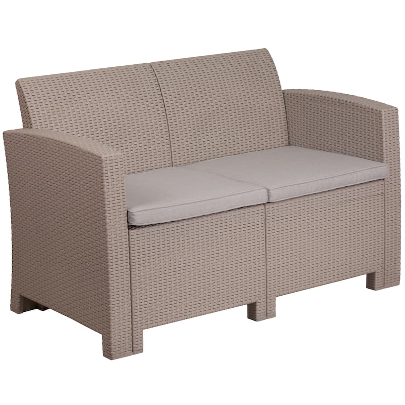 Faux Rattan Loveseat with All-Weather Cushions - 47"W x 27"D x 30"H - Light Grey