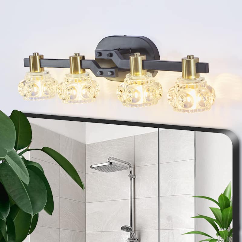 24" Vintage 4-Light Wall Sconce with Clear Crystal Shades, Black Iron Finish Vanity Light Fixture - Black,Golden