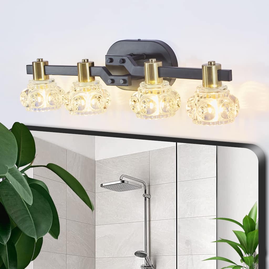 24" Vintage 4-Light Wall Sconce with Clear Crystal Shades, Black Iron Finish Vanity Light Fixture