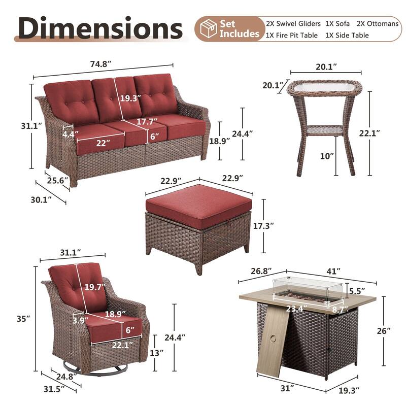 Artisan Brown Wicker Patio Fire Pit Conversation Set with 3-Seat Sofa & Swivel Gliders