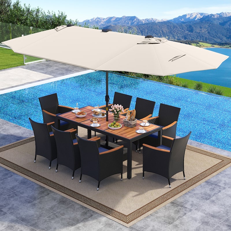 Gymax 11 PCS Patio Dining Set w/ 15ft Double-Sided Patio Umbrella - Beige