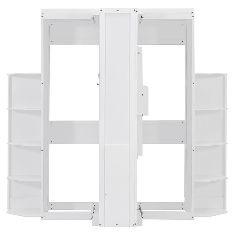 Rotating Queen Size Murphy Bed Foldable Bed Frame with Hidden Wall Cabinet, Side Shelves, Convertible Desk and Bookshelves