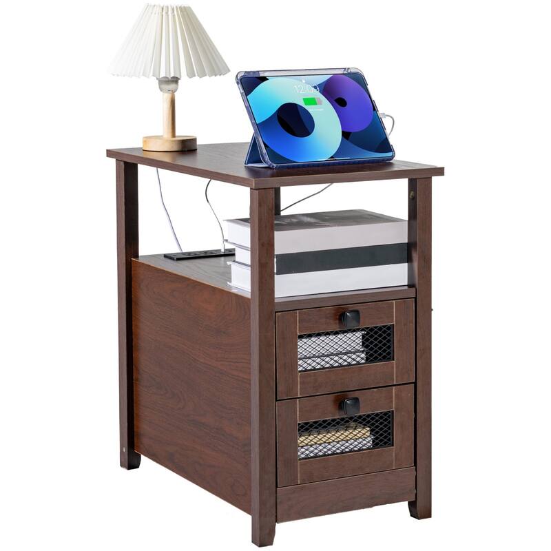 Brown Wood Farmhouse End Table with Drawers and Charging Station - 23.98” L x 14.02” W x 24.02” H