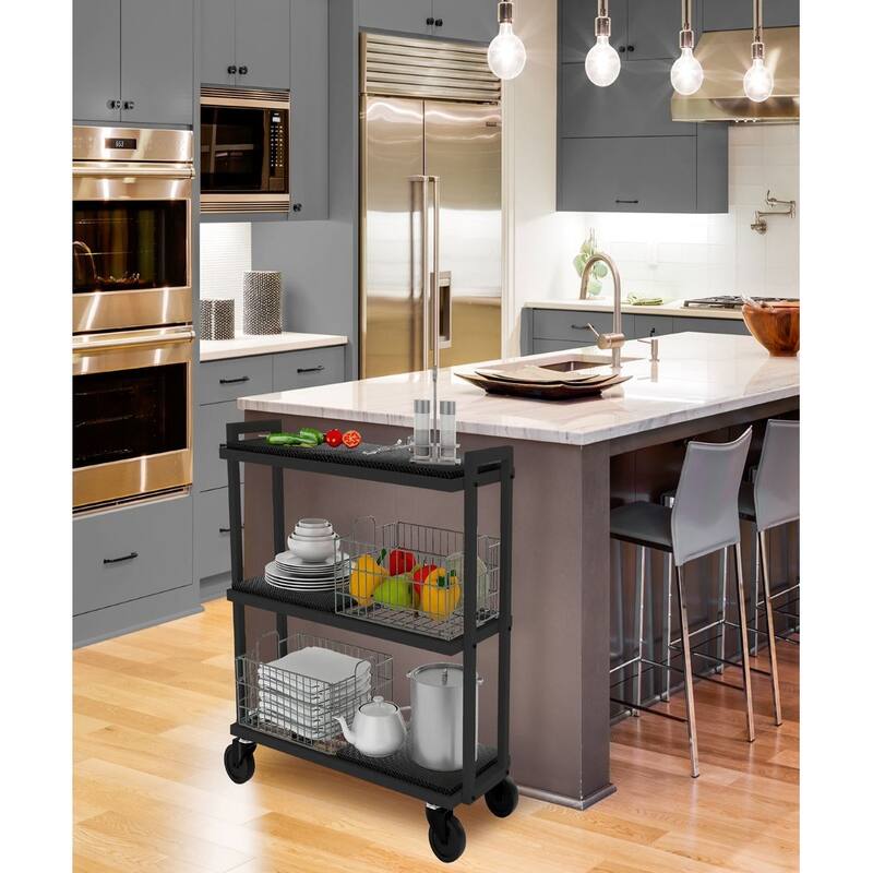 3Tier Kitchen Cart w/ Movable Baskets, Kitchen Bowls on Wheels for Storage Fruit, Mesh