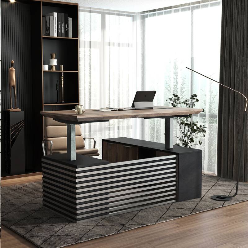 Adjustable L-Shaped Executive Desk with Outlets File Cabinets 3 Drawers Custom Size & Color