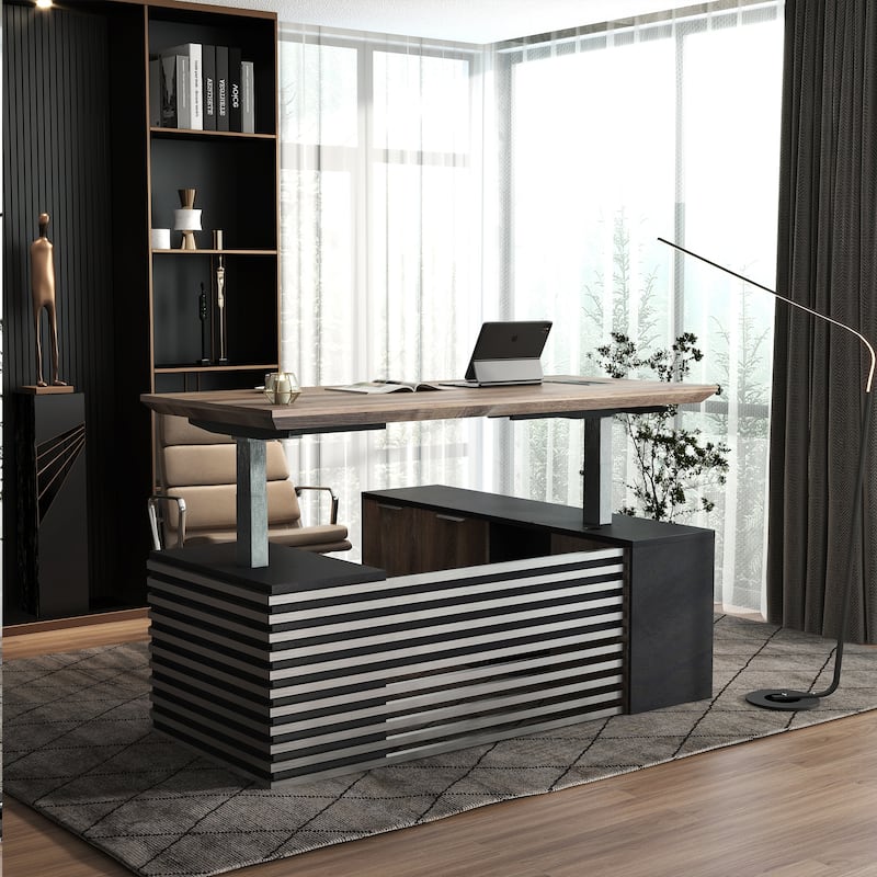Adjustable L-Shaped Executive Desk with Outlets File Cabinets 3 Drawers Custom Size & Color - 70inches - Left Return-Black/Wood