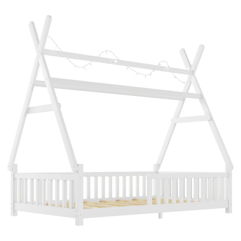 Twin House Bed with Light, Low Floor Design, Fence and Roof for Kids, White