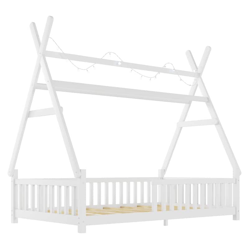 Twin House Bed with Light, Low Floor House Bed with Fence & Roof for Kids Boys Girls - White