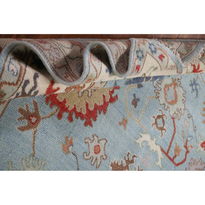 Light Blue Floral Oushak Area Rug Hand-Knotted Wool Carpet - 8'0"x 9'8"