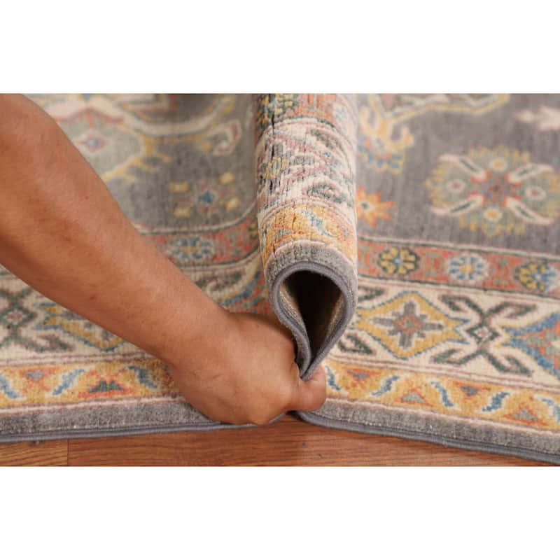 Geometric Grey Kazak Oriental Rug Bedroom Hand-Knotted Wool Carpet - 4'0"x 5'10"