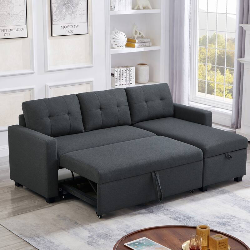 Modern Upholstered Pull Out Sectional Sofa with Storage Chaise