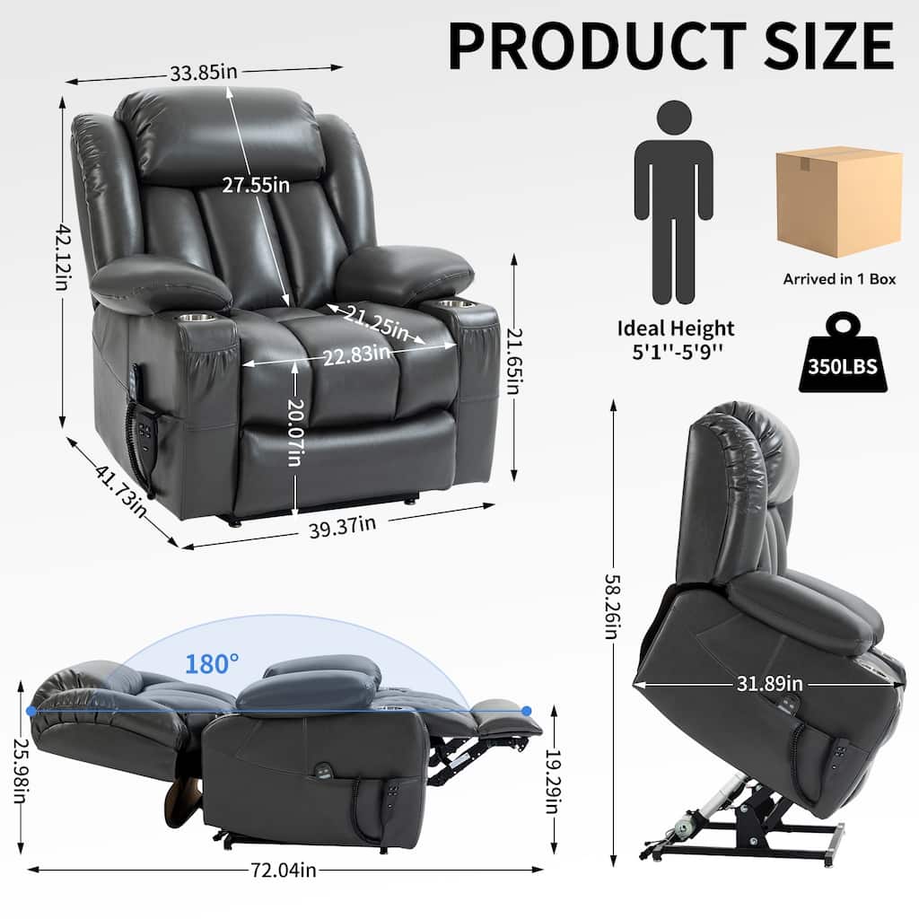 Faux Leather Power Lift Recliner Chair, Dual Motor Heavy Duty Electric Recliner with Massage & Heat, Stainless steel Cup Holders