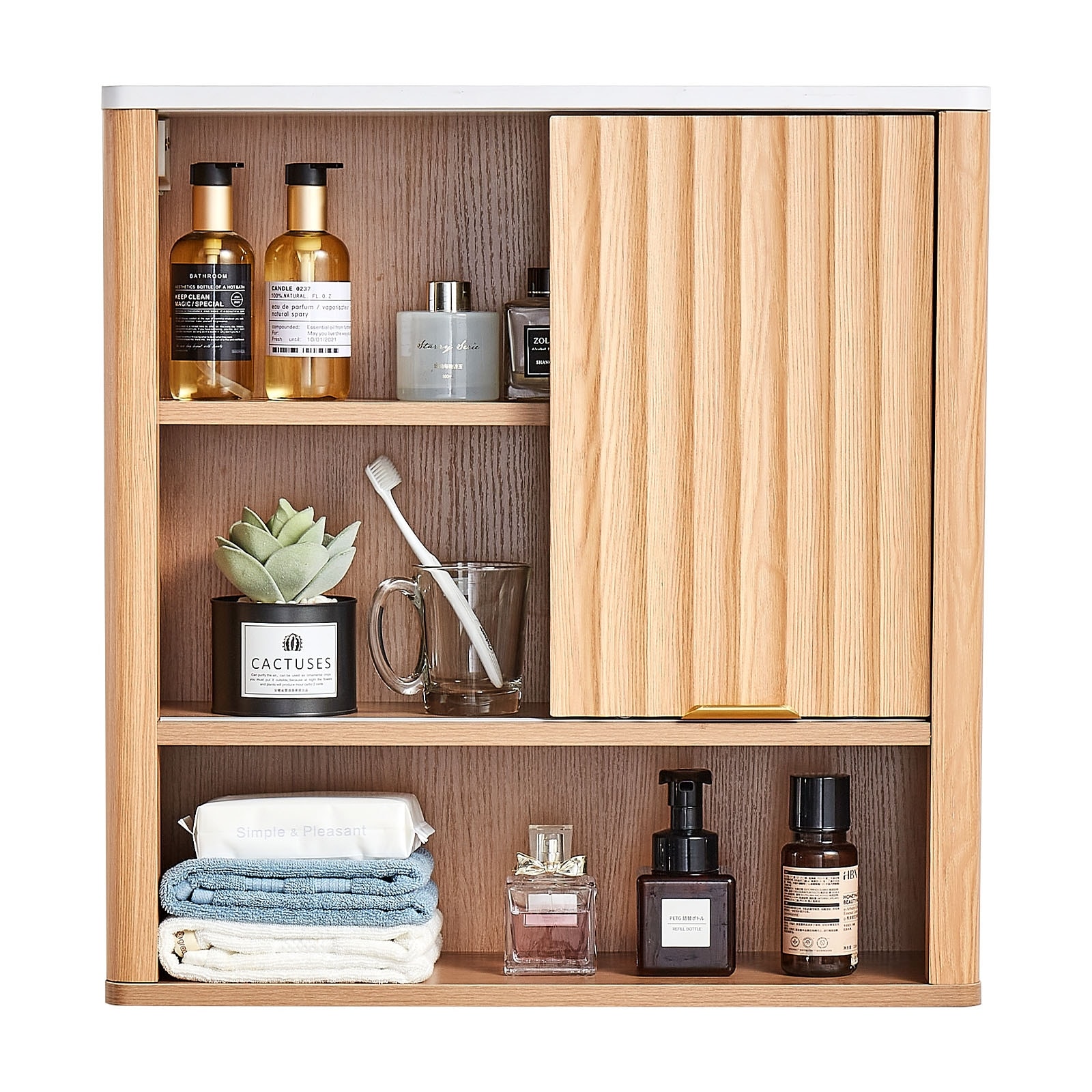 Wood Grain Wall Mounted Bathroom Cabinet with Sliding Fluted Door - 24''H