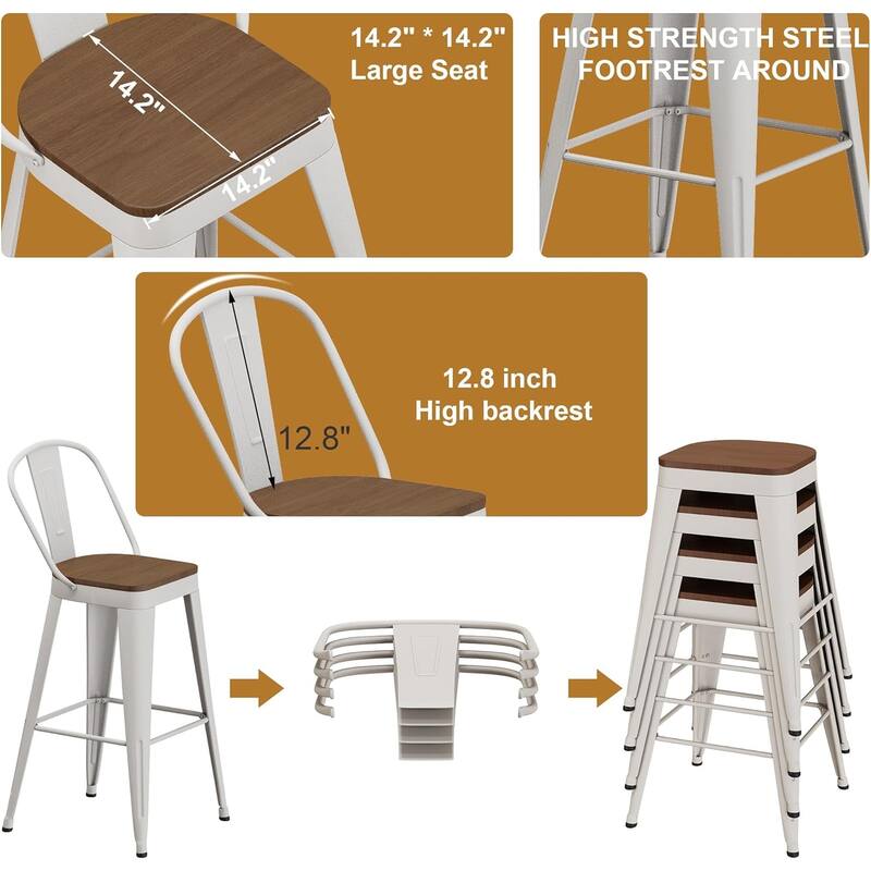 Counter & Bar Stools with Metal Frame Kitchen Stools with High Back Kitchen Bar Furniture Stools with Wooden Seat