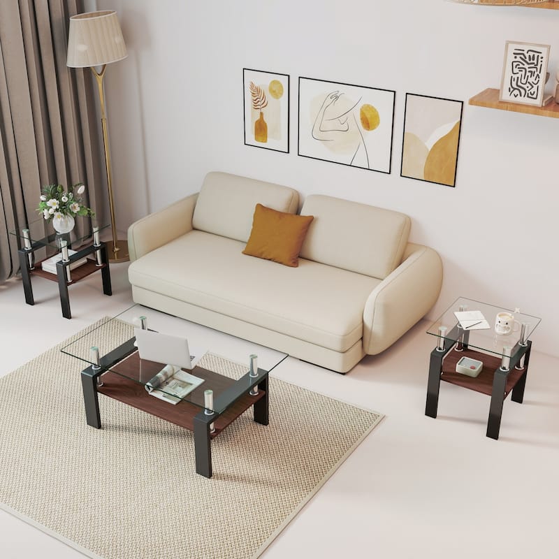 Set of 2 Modern Tempered Glass Tea Table,Tempered Glass Tabletop with MDF Layer,Coffee Table