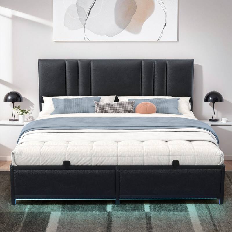 Upholstered Bed Frame with Height Adjustable Headboard,with RGB LED Light and Charging Hub