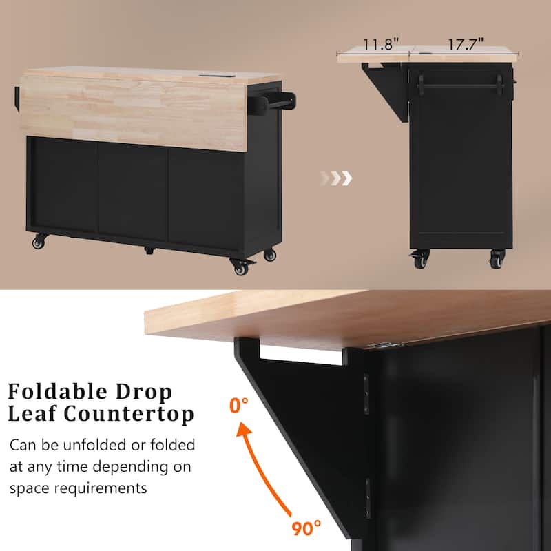 56.5" Kitchen Island with Drop Leaf and Charging Station, Rolling Kitchen Cart on Wheels with Drawers and Adjustable Shelves