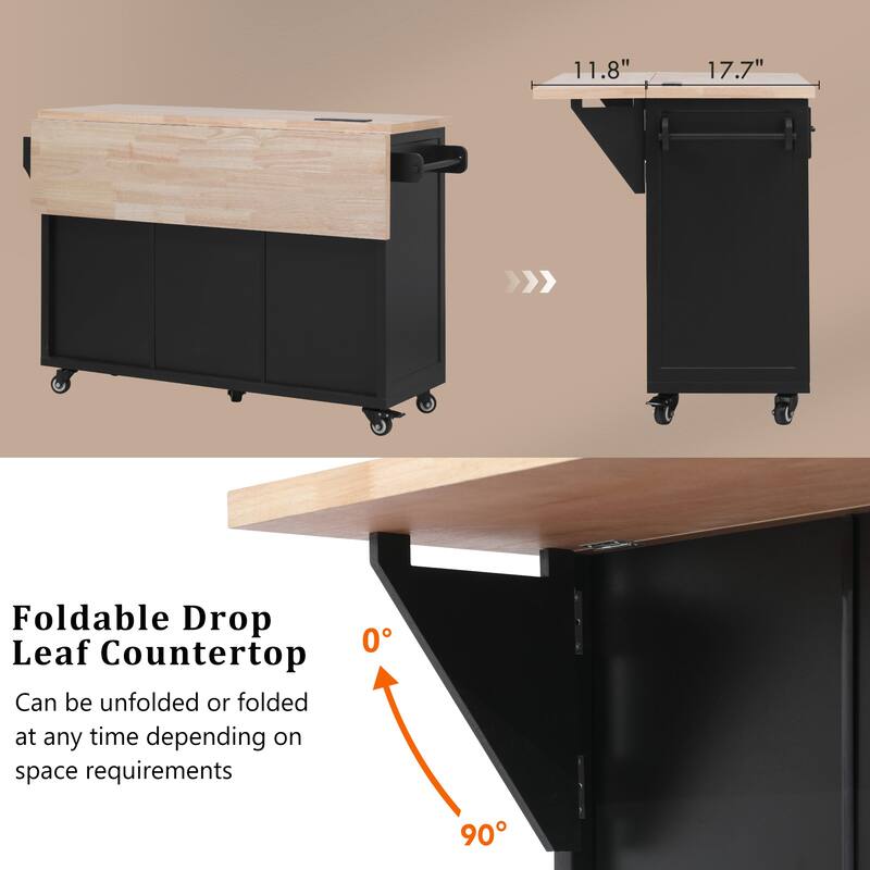 Mobile Kitchen Island 56.5 Inch with Drop Leaf 5 Drawers and USB Power Outlet
