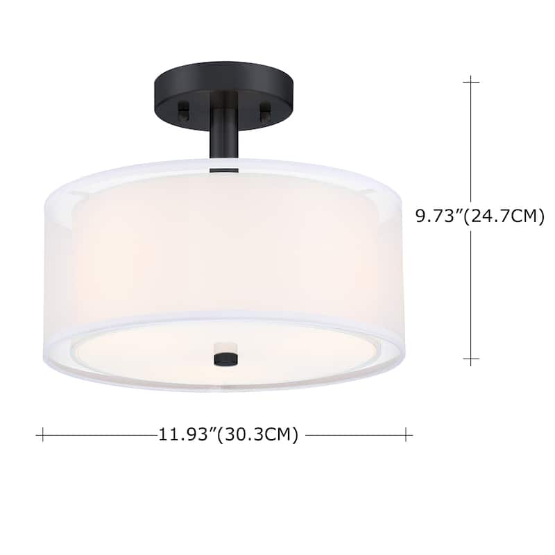3-Light 11-in Matte Black Semi Flush Mount Light With Fabric Shade - 12-in