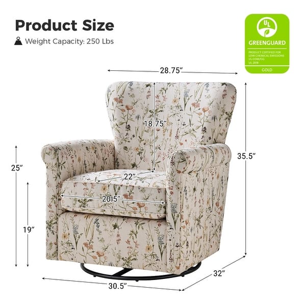 dimension image slide 3 of 6, HULALA HOME Georg Transitional Floral Fabric Swivel Rocker Chair with Removable Backrest and Rolled Armrest Set of 2