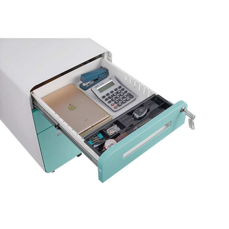3-Drawer Locking Mobile File Cabinet with Wheels, Metal Home Office Storage Cabinet with Pencil Tray & Hanging Bars