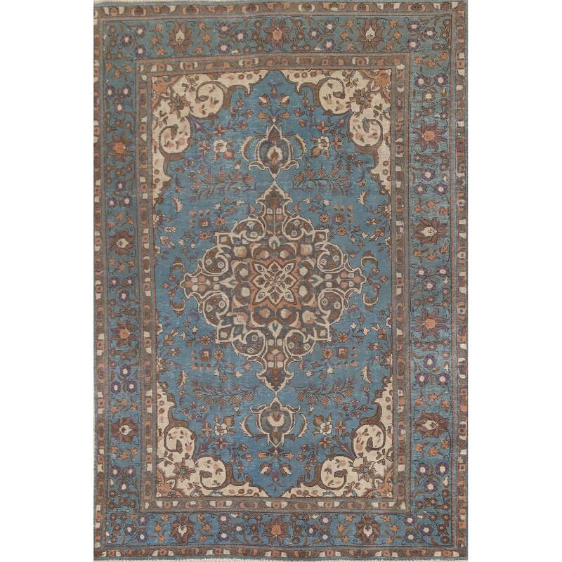 Over-Dyed Blue Tabriz Persian Vintage Rug Hand-Knotted Wool Carpet - 6'6"x 10'0"