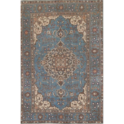Over-Dyed Blue Tabriz Persian Vintage Rug Hand-Knotted Wool Carpet - 6'6"x 10'0"