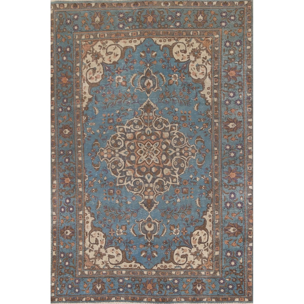Over-Dyed Blue Tabriz Persian Vintage Rug Hand-Knotted Wool Carpet - 6'6"x 10'0"