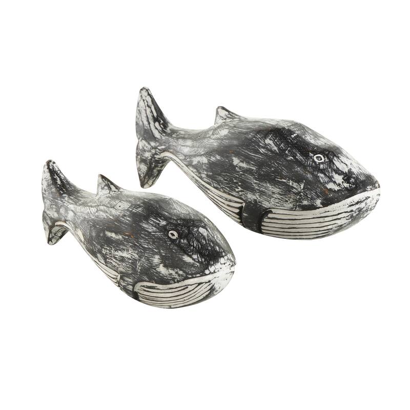 Wood Whale Distressed Sculpture - Set of 2 Cream - Roche River Decor - 3"W x 13"L x 5"H