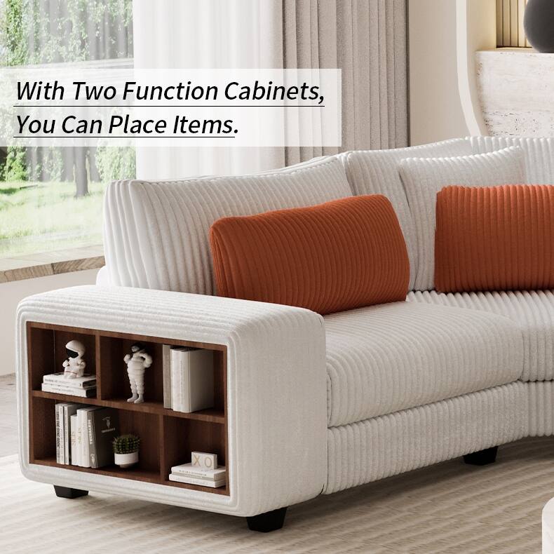 Beige 142'' L-Shaped 5-Seat Modular Sectional Sofa with Pillow, Wooden Armrests, and Storage Shelves for Versatile Spaces