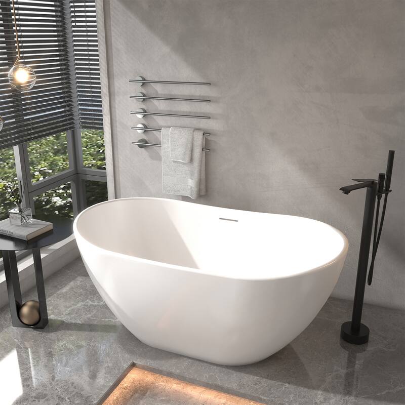 CASAINC Matte White Soaking Bathtub Solid Surface Stone Bathtub with Center Drain