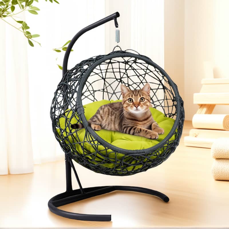 Modern Pet Hammock, Rattan Swing Bed with Stand & Removable Cushion, Gift for Cat/Dog Lovers, Space-Saving Indoor-Outdoor