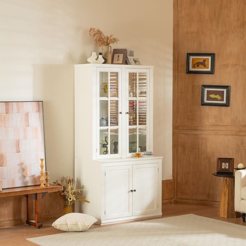 75.25"Tall Display Cabinet with Tempered Glass Double Doors, Traditional Style China Cabinet for Living Room, Kitchen, Home