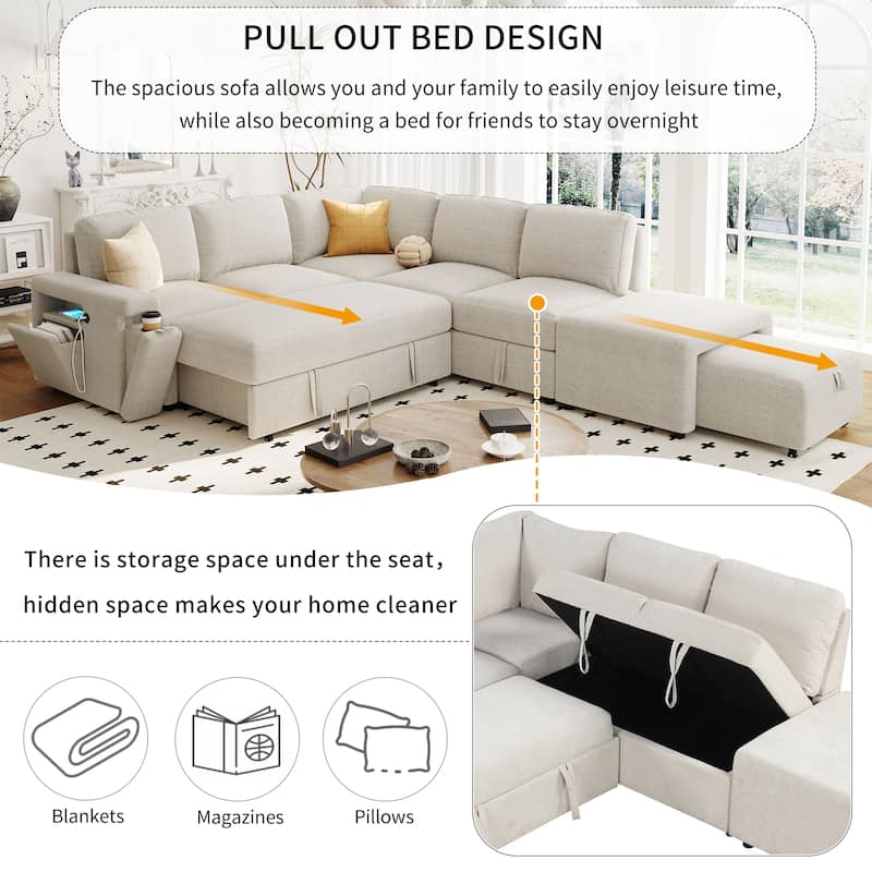 Modern L-Shaped Sofa Bed with USB Charging, Hidden Storage, and Cup Holders