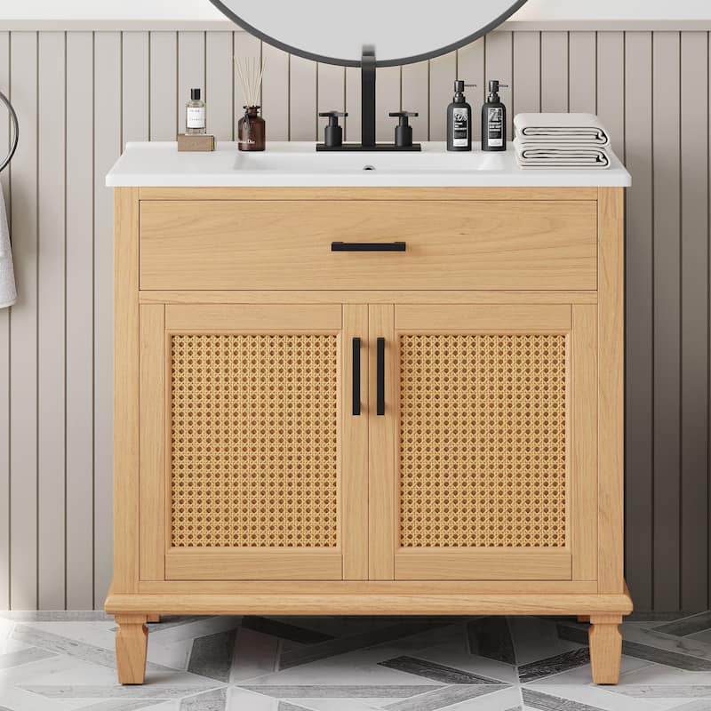 Roomfitters 36" Rattan Bathroom Vanity with Ceramic Sink, Modern Cabinet with Soft-Close Doors and Storage units