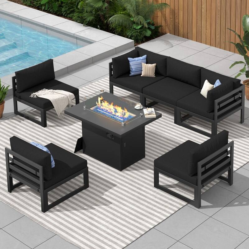 FINCATI Aluminum Outdoor Patio Furniture Conversation Sectional Sofa Set - 7 Pieces-A - Black