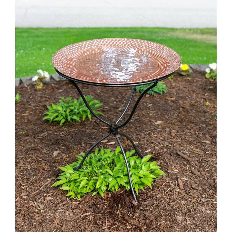 Achla Designs 24"Dia. Round Brass Hammered Copper Birdbath w/Black Wrought Iron Folding Ring Stand
