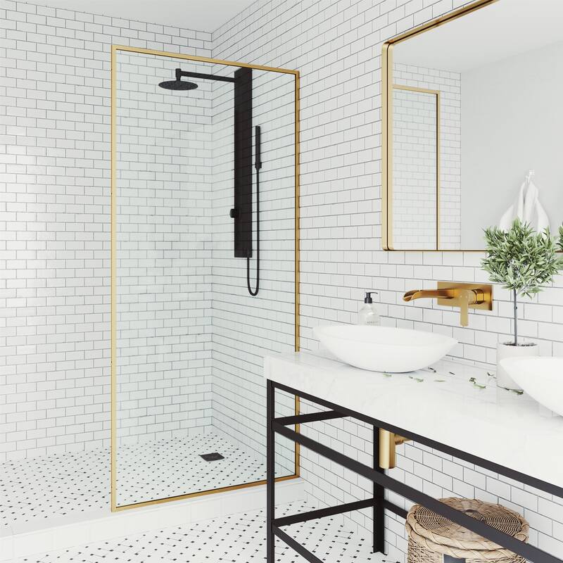 VIGO Meridian 34" W x 74" H Framed Fixed Shower Screen in Matte Brushed Gold