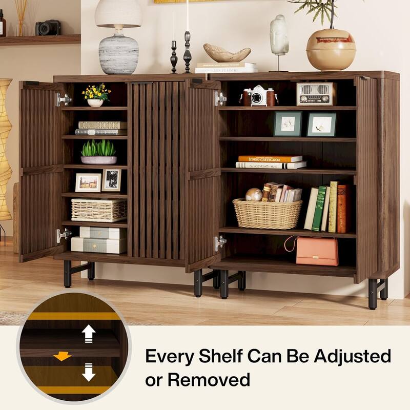 6-Tier Bathroom Floor Cabinet 2 Shutter Doors Adjustable Shelves Wooden Storage Sideboard for Kitchen/Living Room