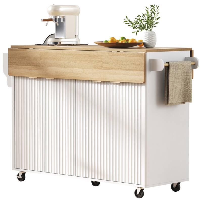 55.5" Fluted Kitchen Island with 2 Drop Leaf and Power Outlet