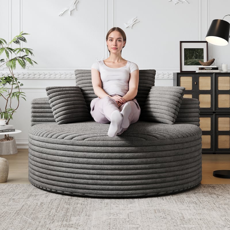 Corduroy Upholstered Single Sofa, Oversized Fluffy Sleeper Chair, Round Reading Chair with Headrest & 2 Pillow