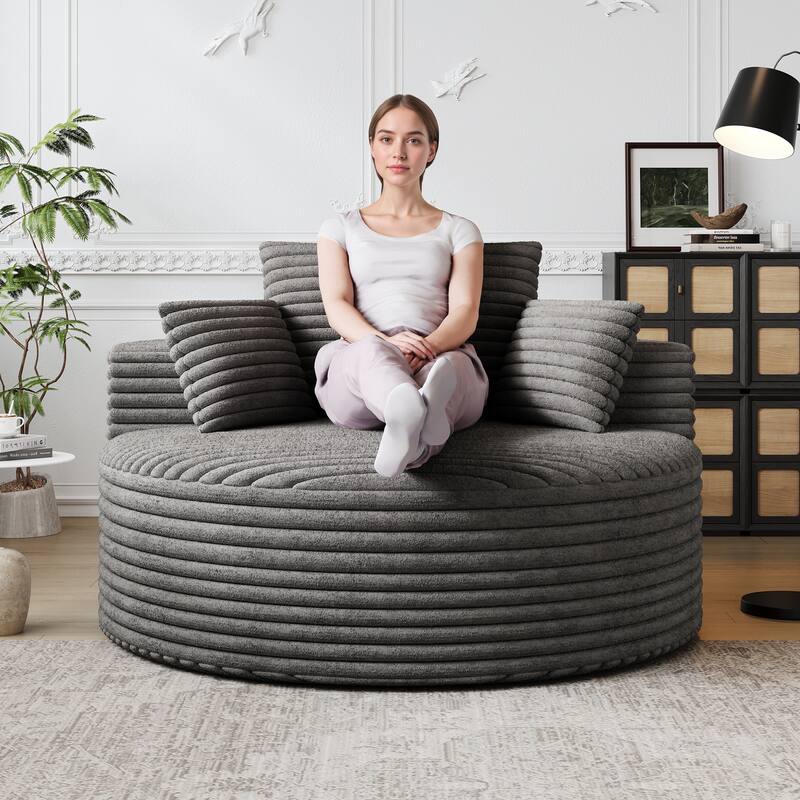 Fluffy Barrel Chair Corduroy Chaise Lounge Single Floor Sofa Armchair Cloud Recliner Chair with Cylindrical Pillow