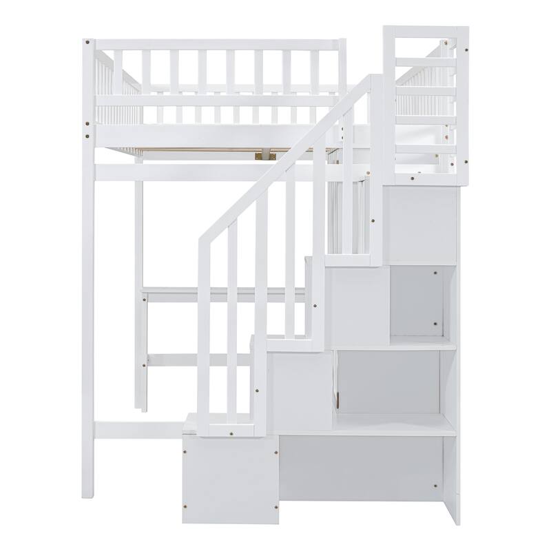 Full Size Loft Bed with Bookshelf, Drawers, Desk, and Wardrobe in White