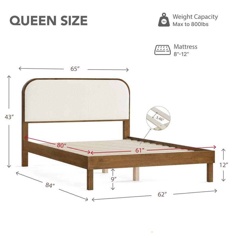 Spruce & Spring Modern Round Boucle Upholstered Platform Bed with Solid Wood Frame