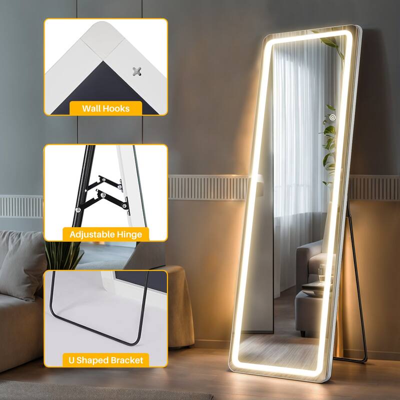 Floor Mirror with LED Light, 64" x 21" Full Length Mirror with Stand, Hanging Mirror Wall Mounted Mirror Full Body Mirror
