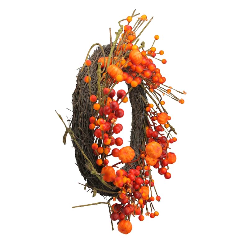 Red Orange Fall Berry Mini Pumpkin Artificial Thanksgiving Wreath 20"