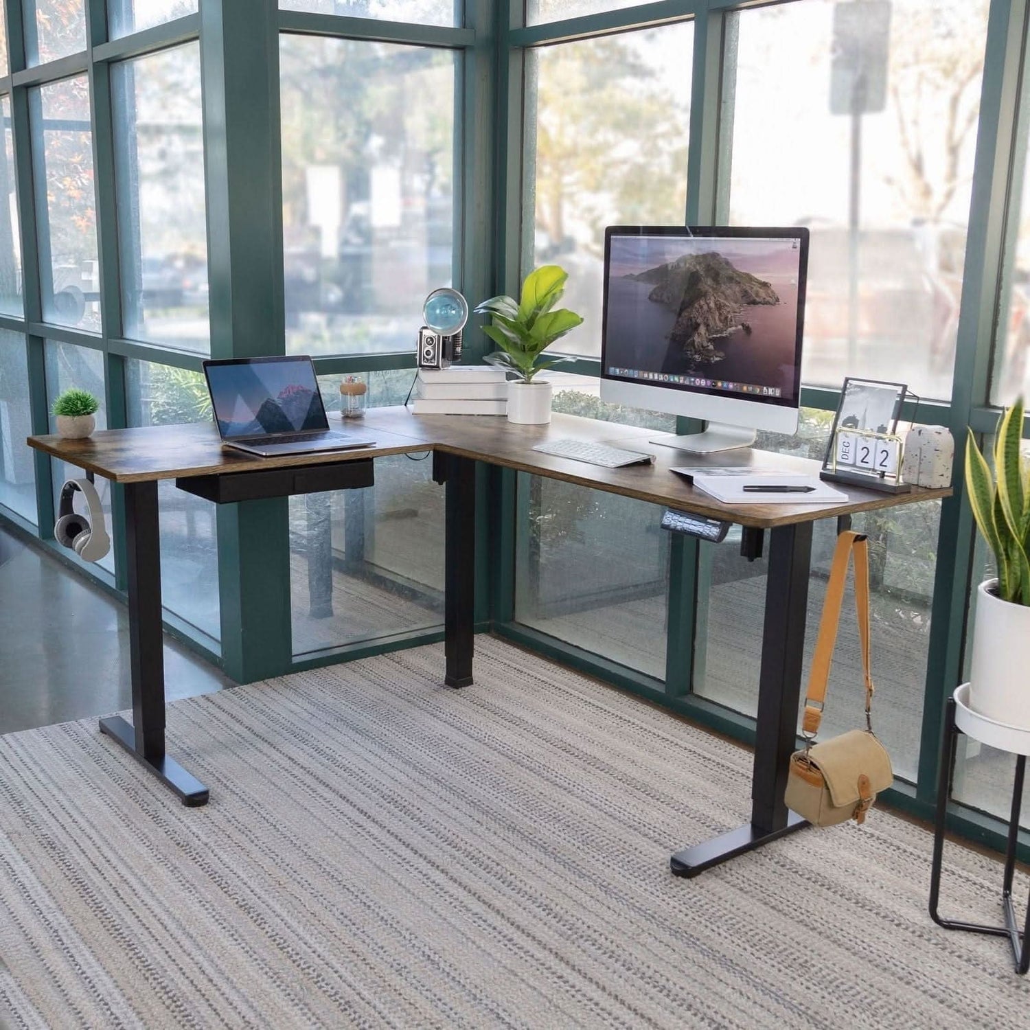 Mount-It! 63"W Electric L-Shaped Corner Adjustable Standing Desk, Rustic Brown/Black (MI-15010)