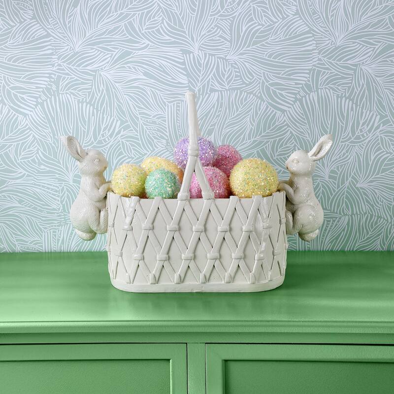 16" Resin Basket Planter With Bunnies