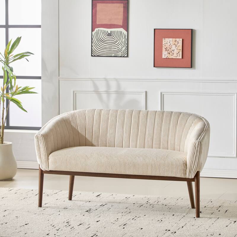 Roomfitters Corduroy Loveseat Sofa with Recessed Arms, Mid-Century Upholstered 2-Seater Couch, Beige + Walnut - Beige,Walnut