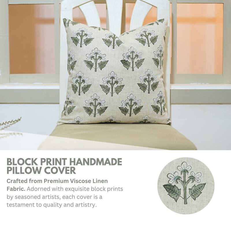Fabdivine Viscose Linen Floral White or Green Cushion Cover Handmade Block Print, Chahat